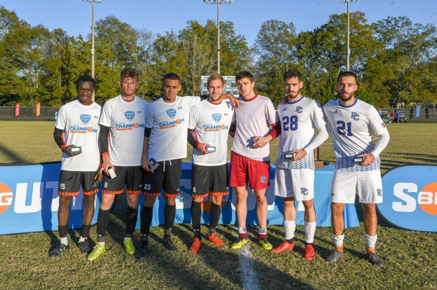 Big-South All-Tournament Players, after Sunday’s Final. PC players pictured on the right include (from right to left) Jan Hoffelner, Marcos Kitromilides and Victor Menudier

