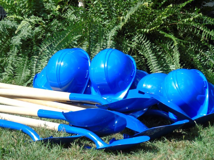 Shovels and safety helmets on display at the ceremony.