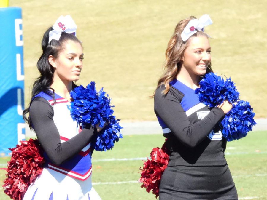 The Blue Hose cheerleading team during the national anthem.