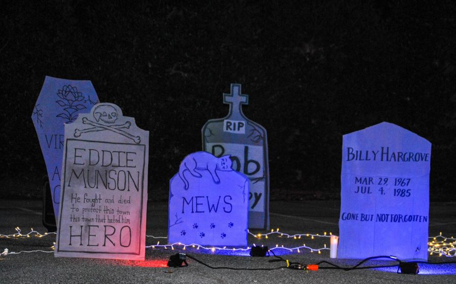 The Stranger Things tombstone decorations for the haunted trail.